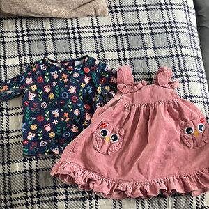 Pink Corduroy Dress and Floral Owl Top Set
